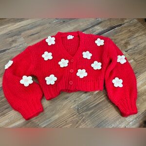 Luna Ivy S Red Floral Chunky Knit Sweater 3-D Flower Cardigan Shrug Slouch
